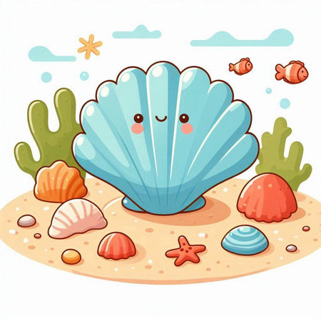 Cute cartoon blue seashell on the sand. Vector illustration.のイラスト素材