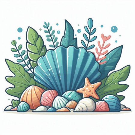 Sea shell, starfish and seaweed. Cartoon vector illustration.のイラスト素材