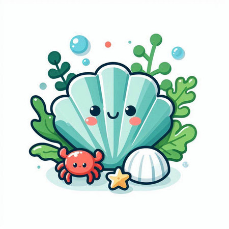 Cute sea shell with starfish and seaweed. Vector illustration.のイラスト素材