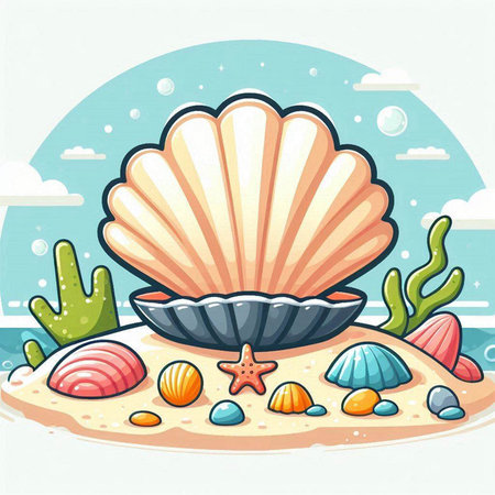 Illustration of a Seashell on the Beach with Sea Shellsのイラスト素材