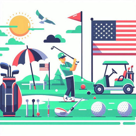 Golf tournament flat vector illustration. Cartoon golfer player on golf course with equipment.のイラスト素材