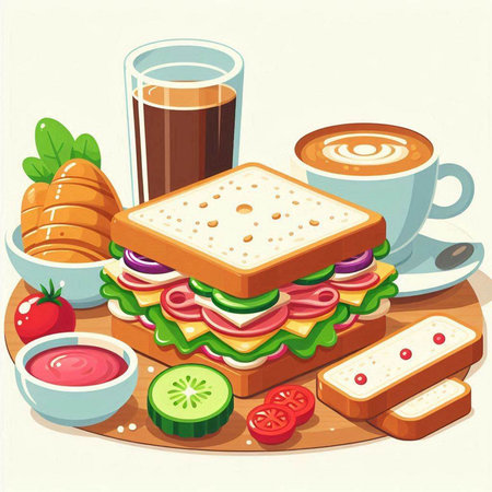 Illustration of a sandwich and coffee on a white background, vector illustrationのイラスト素材