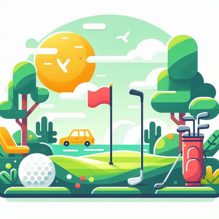 Golf course vector illustration. Flat style design. Golf club, ball, flag, bag, field, trees, golf equipment.のイラスト素材