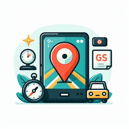 Flat design vector illustration concept of GPS navigation. Smartphone with location pin, compass and car on the road.のイラスト素材