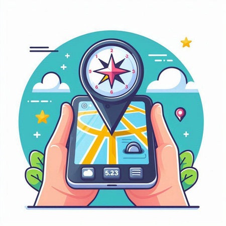 Navigation concept. Hand holding mobile phone with map and compass. Vector illustration in flat styleのイラスト素材