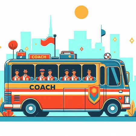 Vector illustration of a city bus with people on the roof. Flat style.のイラスト素材