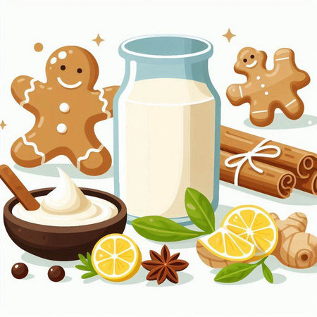Illustration of different kinds of Christmas cookies and a glass of milkのイラスト素材