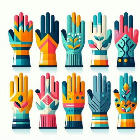 Set of multicolored hands with different patterns. Vector illustration.のイラスト素材