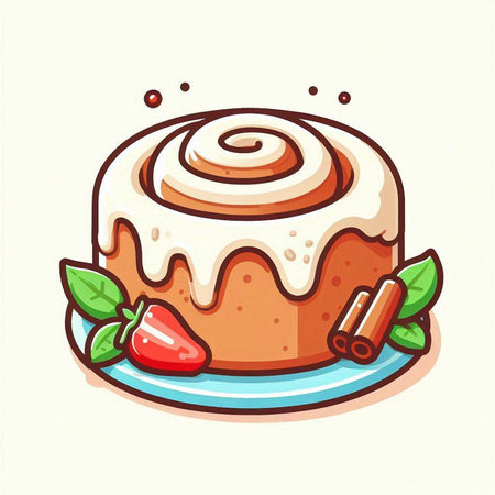 Cinnamon roll with strawberry and mint. Vector illustration in cartoon style.のイラスト素材