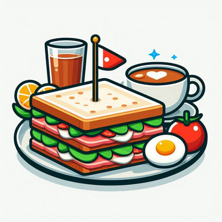Breakfast vector illustration. Sandwich, coffee, fried egg and tomatoのイラスト素材