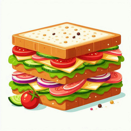 Sandwich with tomato, cucumber, onion and lettuce. Vector illustration.のイラスト素材