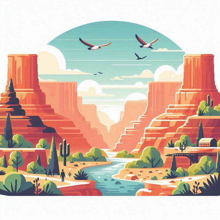 Desert landscape with mountains, river and flying birds. Vector illustrationのイラスト素材