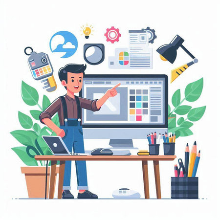 Vector illustration of a man working at the office. Flat style design.のイラスト素材