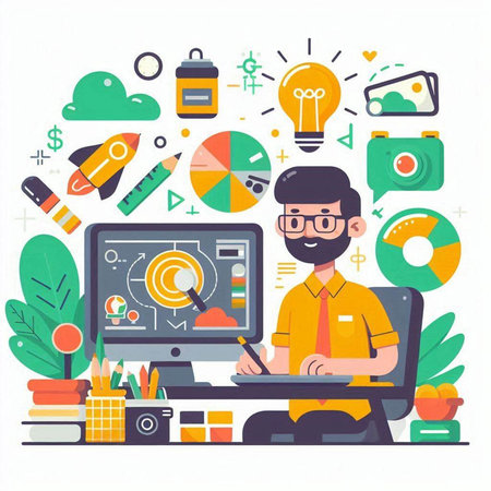 Creative man working on computer. Flat style design vector illustration.のイラスト素材