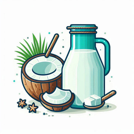 Coconut milk in a glass jar and coconut flakes. Vector illustration.のイラスト素材