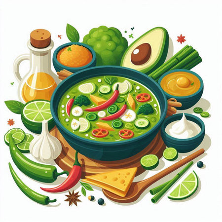 Spicy vegetable soup in bowl with ingredients on white background vector illustrationのイラスト素材