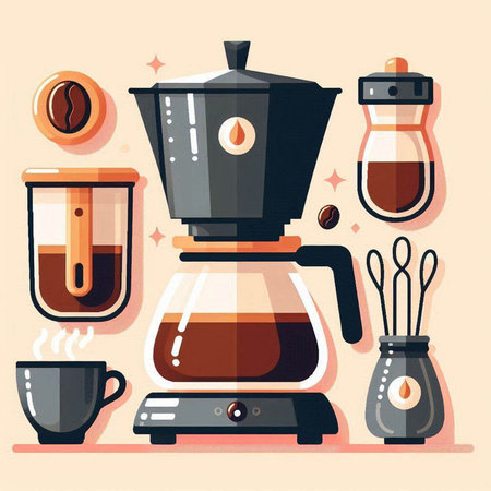 Coffee maker and coffee beans. Vector illustration in flat styleのイラスト素材