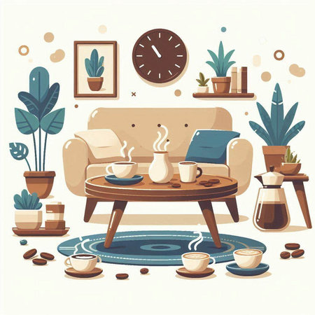 Cozy living room interior with sofa, coffee cup, coffee pot, plants and accessories. Vector illustrationのイラスト素材