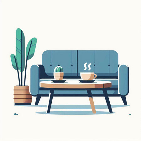 Coffee table and sofa. Vector illustration in flat style.のイラスト素材