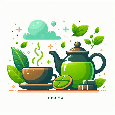 Tea time concept. Vector illustration with teapot, cup and tea leaves.のイラスト素材