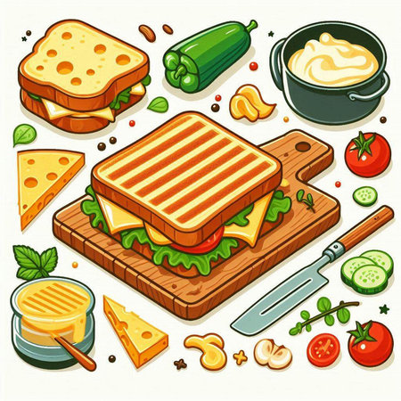 Sandwiches with cheese, lettuce, tomato, cucumber, mushrooms, cheese and sauce. Vector illustration.のイラスト素材