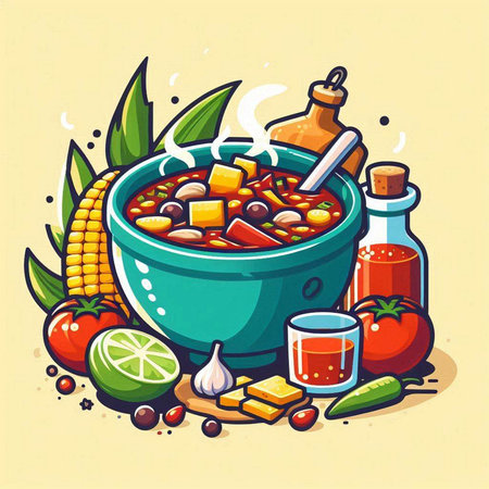 Mexican food vector illustration. Mexican spicy soup in bowl with ingredients.のイラスト素材