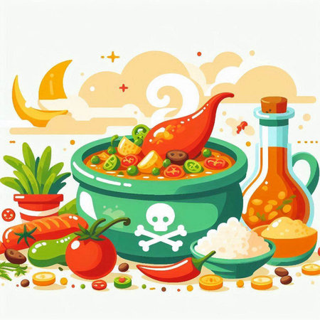 Cartoon vector illustration of Halloween vegetable soup in green pot with ingredients.のイラスト素材