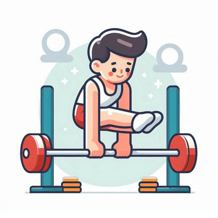 Fitness boy doing exercises with barbell. Vector flat cartoon illustrationのイラスト素材