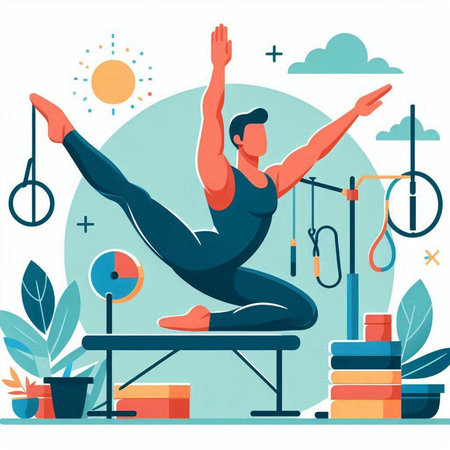 Man doing yoga in the gym. Healthy lifestyle. Vector illustration in flat styleのイラスト素材