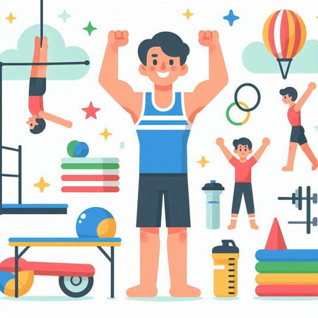 Fitness and healthy lifestyle vector illustration in flat cartoon style. Man in sportswear doing exercises with gym equipment.のイラスト素材