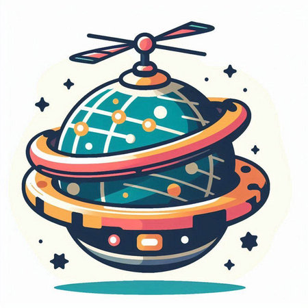 Illustration of a flying saucer with planets on a white backgroundのイラスト素材