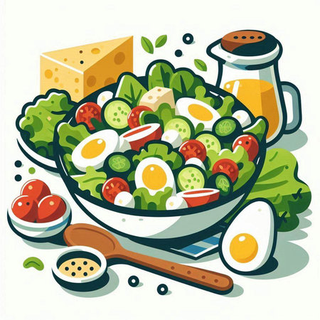 Salad with eggs and vegetables in a bowl. Vector illustration.のイラスト素材
