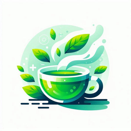 Cup of tea with green leaves on white background. Vector illustration.のイラスト素材