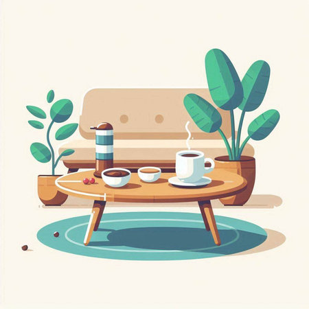Coffee table with two cups of coffee. Vector illustration.のイラスト素材