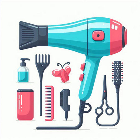 Hair dryer and hairdresser tools vector illustration.のイラスト素材