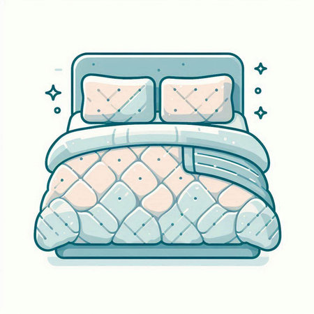 Vector illustration of a bed with pillows in pastel colors.のイラスト素材