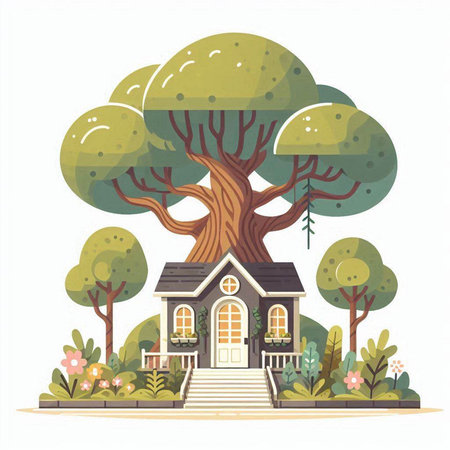 Vector cartoon illustration of a country house with a big tree in the garden.のイラスト素材