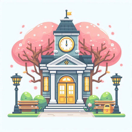 Vector illustration of a school building in the park. Cartoon style.のイラスト素材