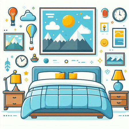 Vector illustration of bedroom interior with furniture and icons. Bedroom with bed, lamp, picture, mountains, sky, clouds, sun.のイラスト素材