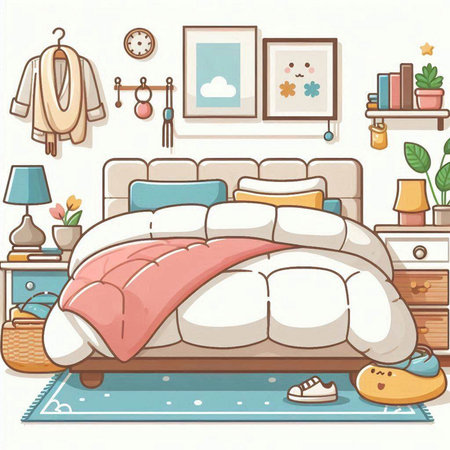 Vector illustration of a bedroom interior with a bed and a set of itemsのイラスト素材