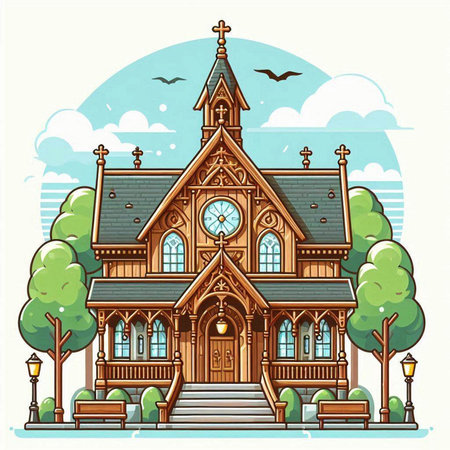 Vector illustration of the old wooden church in the town. Cartoon style.のイラスト素材