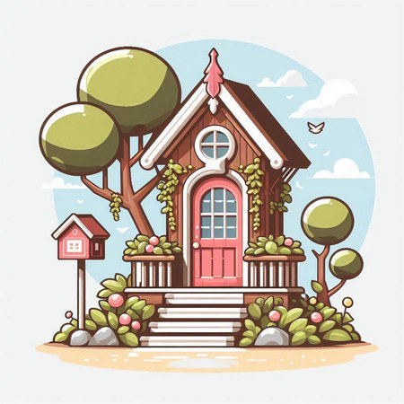 Beautiful wooden house with a tree in the garden. Vector illustration.のイラスト素材