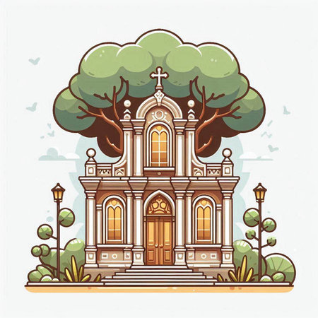 Orthodox church in the forest. Vector illustration in flat style.のイラスト素材