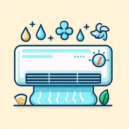 Air conditioner with water drops and steam. Vector illustration in flat styleのイラスト素材