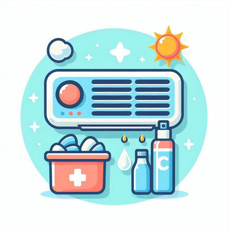 Air conditioner and cleaning products. Vector illustration of a flat design.のイラスト素材