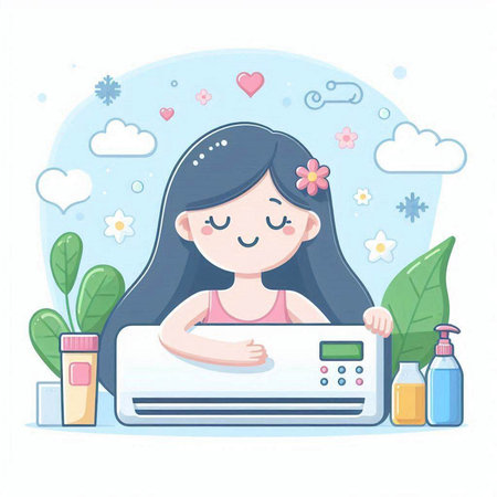 Illustration of a cute girl using air conditioner in the roomのイラスト素材