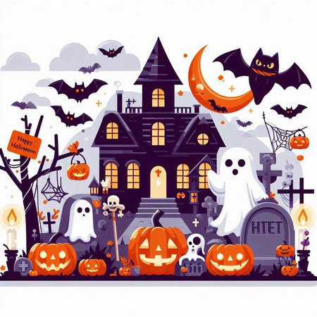 Halloween background with pumpkins, bats and haunted house. Vector illustration.のイラスト素材