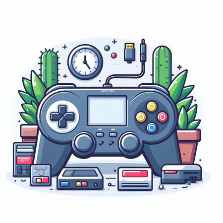 Retro videogame console with gamepad, video game controller and other devices. Vector illustration.のイラスト素材