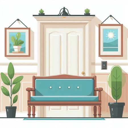 Living room interior with furniture and plants. Flat style vector illustration.のイラスト素材