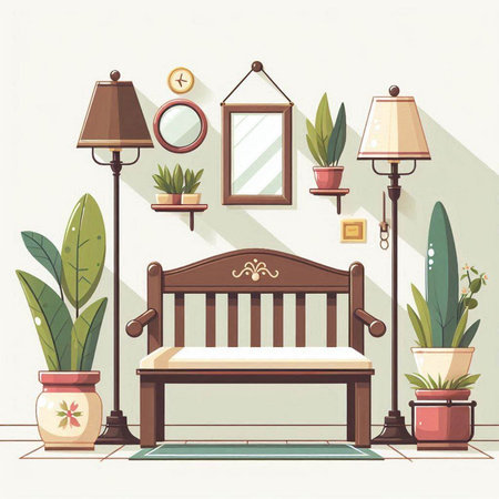 Bedroom interior with furniture and plants. Vector illustration in flat styleのイラスト素材